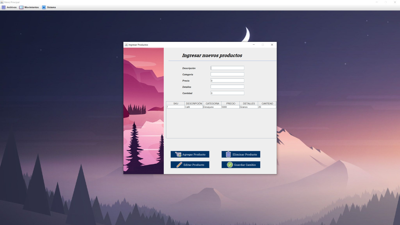 New product entry window